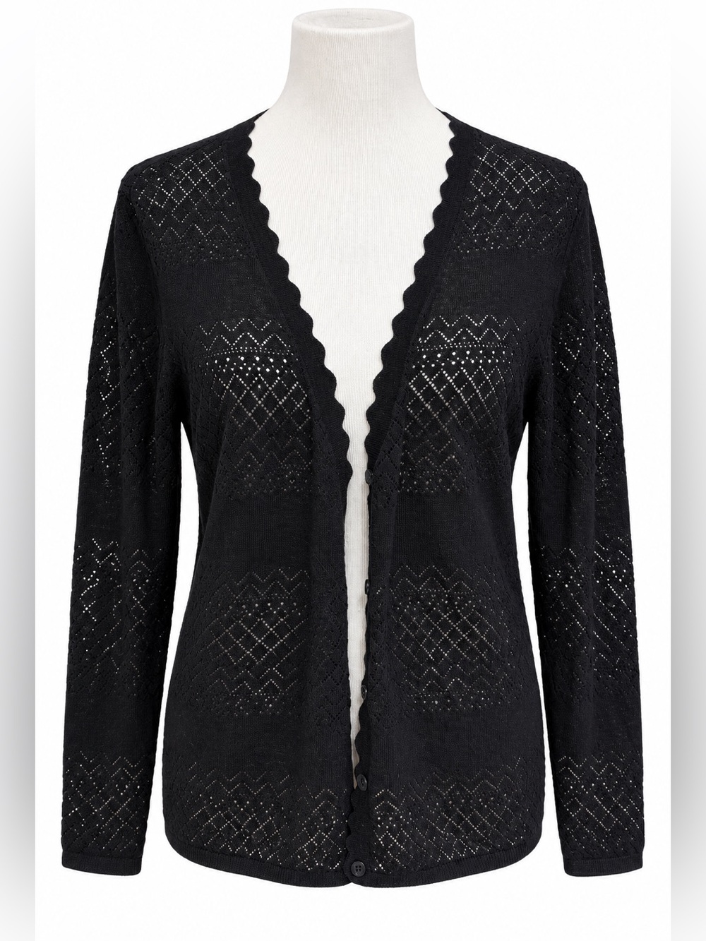 Frye Black Openwork Scallop-Trim Lightweight Cardigan Large